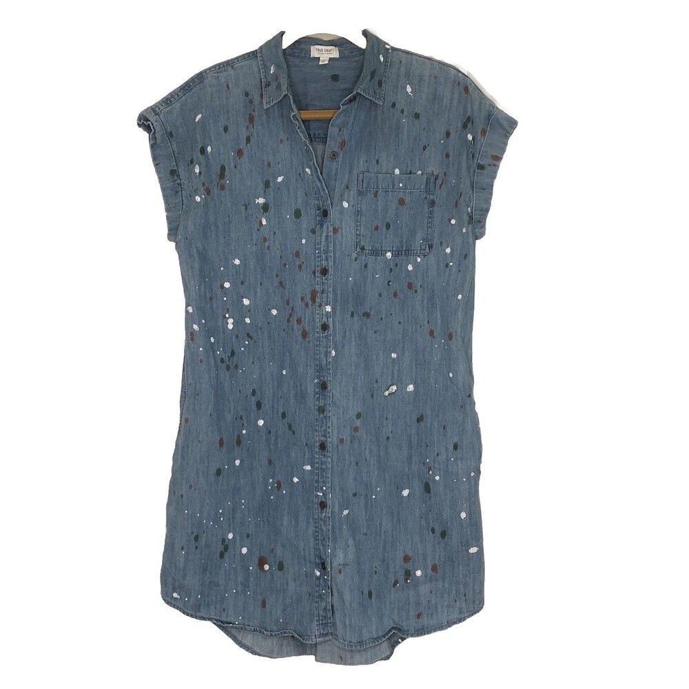 True Craft Blue Chambray Paint Drip Splatter Splash Artsy Tunic Dress Women M